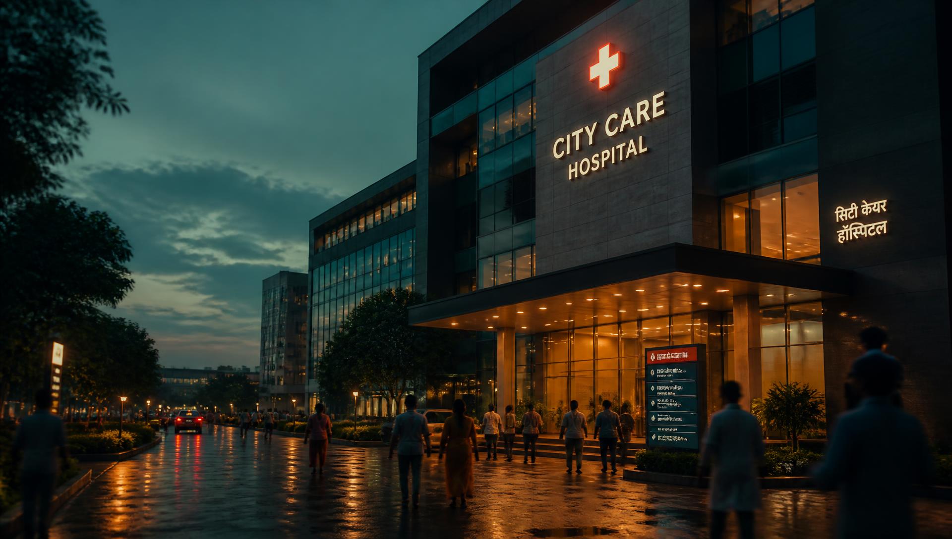 Hospital entrance lit up at dusk